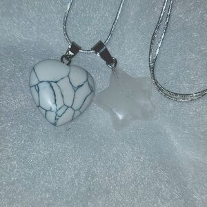 Boho Howlite Heart and Quartz Crystal star Silver 24" Necklace